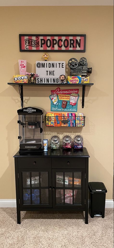 Every home theater needs a snack bar!! Movie Corner Ideas, Movie Room Snack Bar Ideas Modern, Two Person Dining Table, Movie Theater Basement, Movie Room Diy, Movie Room Ideas, Deco Cinema, Basement Movie Room, Theater Room Decor