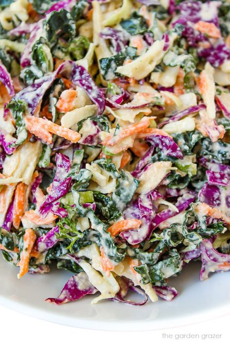 Kale Slaw with Creamy Dressing (Vegan!) Coleslaw Dressing Healthy, Kale Slaw Salad, Kale Slaw Dressing, Kale Slaw Recipe, Kale Tofu Salad, Raw Vegan Kale Wrap, Homemade Coleslaw Dressing, Creamy Coleslaw Dressing, Garden Grazer