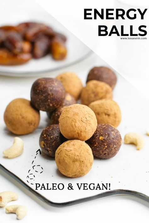 Paleo Energy Balls (paleo, vegan) - Texanerin Baking Paleo Energy Balls, Healthy Energy Balls, Paleo Baking Recipes, Vegan Energy Balls, Energy Balls Healthy, Paleo Cookies, After School Snack, Paleo Baking, Paleo Recipes Easy