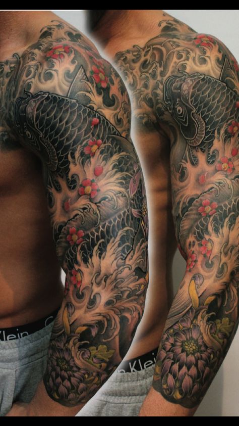 Tattoo Sleeve Japanese, Coloured Tattoos Men, Japanese Koi Sleeve Tattoos, Koi Sleeve Tattoo, Japanese Tattoo Sleeve Men, Half Arm Tattoo, Koi Fish Shoulder Tattoo, Japanese Sleeve Tattoos For Guys, Half Sleeve