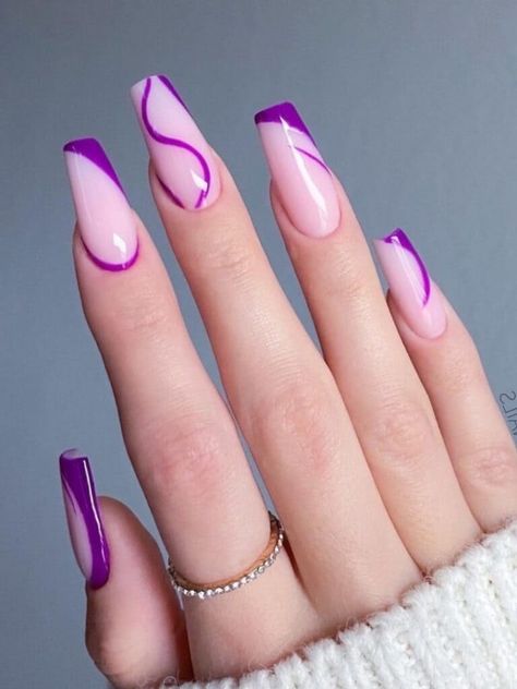 Long, coffin-shaped purple French tips and swirls Purple Nail Art Designs, Purple Manicure, Dark Purple Nails, Purple Nail Art, Purple Acrylic Nails, Purple Nail Polish, Purple Nail Designs, Lavender Nails, Nail Designs Ideas