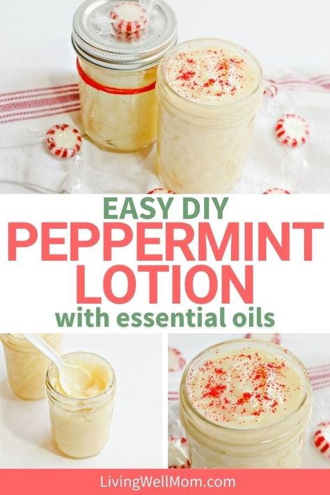 DIY Peppermint Lotion is a festive solution for dry winter skin. With ingredients like coconut oil, shea butter, and essential oils, this recipe is a great all-natural skincare product that you can even make as a gift this Christmas! Winter Lotion Diy Dry Skin, Peppermint Essential Oil Young Living, Diy Face Lotion, Homemade Face Lotion, Pampering Ideas, Lotion Diy, Peppermint Lotion, Homemade Salve, Homemade Face Moisturizer