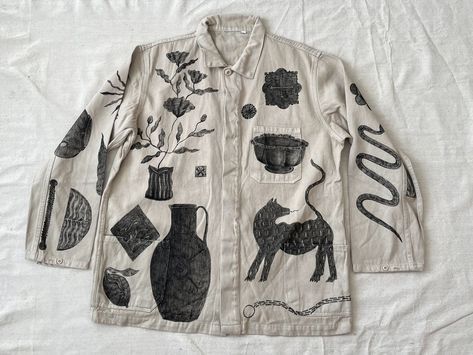 shop — alexis stiteler Printmaking On Fabric, Painted Shirt, Shirt With Embroidery, Wearable Art Clothing, Conversational Prints, Lino Art, 일본 패션, Textile Print, Painted Clothes