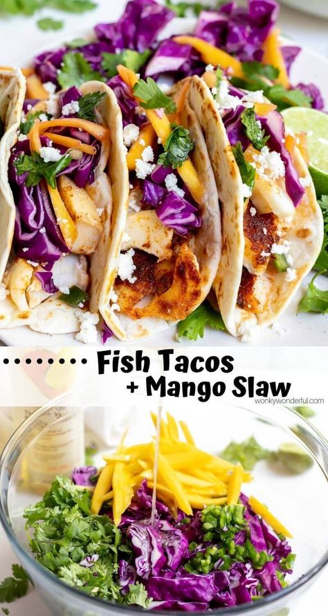 These Easy Baked Fish Tacos with Mango Slaw are a great weeknight dinner idea. Taco Tuesdays will be a hit with this Healthy Fish Tacos Recipe! #fishtacos #tacotuesdayrecipes #tacorecipes #easydinnerideas #easydinnerrecipes #dinnerrecipes #weeknightdinnerideas Vegan Photography, Baked Fish Tacos, Cilantro Tacos, Fish Tacos With Cabbage, Vegetarian Tacos Recipes, Healthy Fish Tacos, Taco Tuesday Recipes, Blackened Fish Tacos, Mango Slaw