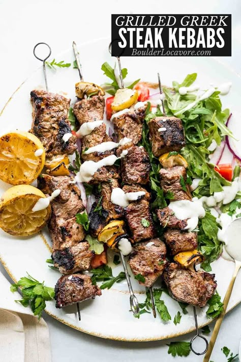 Juicy, tender Greek steak kebabs are easy to make and full of Greek flavors. Greek yogurt, feta cheese, lemon juice, olive oil and more make these a favorite grilling recipe. Greek Christmas Dinner, Greek Kebab, Greek Steak, Mediterranean Board, Lake Meals, Marinade For Steak, Beef Shish Kabob, Greek Marinade, Greek Beef