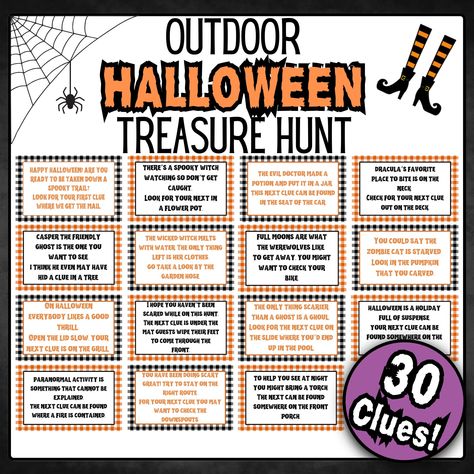 Ready to add some FUN to your kids Halloween?  With this printable Halloween Scavenger Hunt your kids will love racing around outdoors finding clue after clue, just to find a special treat at the end! 30 Clue Cards are included directing kids outdoors to different common places - garden hose, deep freeze, driveway, inside a car, trash can, shed, trampoline, and more! If one of these locations doesn't work for your hunt, you can discard the clue, it will not affect the scavenger hunt at all! You Wicked Witch Melting, Halloween Scavenger Hunt For Kids, Kids Treasure Hunt Clues, Halloween Treasure Hunt, Treasure Hunt Clues, Scavenger Hunt Clues, Halloween Scavenger Hunt, Printable Games For Kids, Halloween Activity