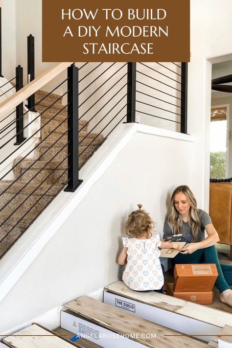 I transformed my staircase with stainless steal posts, wire rods, and white oak wood hand rails. And you can too! Check out my DIY guide to updating your stairs. Diy Stair Handrail Ideas, Diy Hand Rail, Diy Hand Railings For Stairs, Modern Hand Rail, Hand Rails For Stairs Modern, Wire Stair Railing, Metal Staircase Railing, Angela Rose Home, Indoor Stair Railing