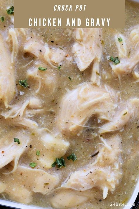 Crockpot Chicken and Gravy is an easy and delicious gluten free recipe for tender chicken smothered in homestyle gravy. Serve with mashed potatoes, rice or gluten free pasta. #24bite #easychickendinner #crockpotrecipes Gluten Free Crockpot Chicken, Gluten Free Crockpot, Crockpot Dairy Free, Gluten Free Crock Pot Recipes, Crockpot Chicken And Gravy, Chicken Gravy Recipe, Chicken Smothered, Chicken And Gravy, Cooking Thanksgiving Dinner