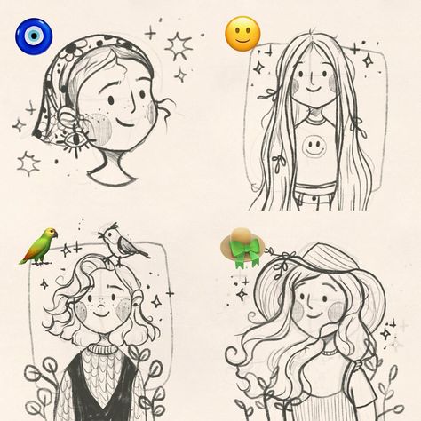 Which one should I finish first? 😁🧿🦜👒🙂✨ I forced myself to sit down for a sketching session today so I can try to get out of my art block! I haven’t drawn in a few days and I think taking a break helped a little bit 😅 #digitalsketching #digitalsketch #digitalsketchbook Graphic Novel Art Sketches, Christmas Drawing People, Sketch Style Art, How To Draw Cute Face, Minimalist Art Style, Doodle Art Characters, Easy Character Drawings, Inspo Drawing, Doodle People