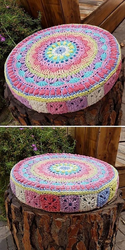 This unique cushion for circular stools will be a beautiful addition to your home or garden, especially if you’ll use such colorful palette! Rounds of ornamental stitches create a kind of mandala, so if you’re more into table decor, just stop there and put it it the living room. #freecrochetpattern #crochetpattern #crochetpillow Motif Mandala Crochet, Crochet Pillow Patterns Free, Cushion Cover Pattern, Crochet Cushion Cover, Crochet Pillow Pattern, Crochet Mandala Pattern, Crochet Pillows, Crochet Circles, Top Ideas