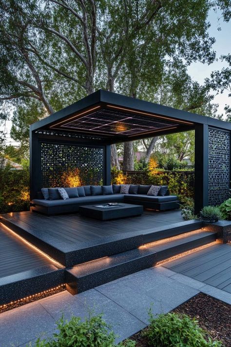 Modern gazebo made of black granite in clean modern lines the deck is elevated with LED lit steps theres a modern u shaped sectional sofa with. Check out all of these fresh and unique gazebo ideas and designs to transform your backyard into a stylish oasis. Backyard Renovation, Modern Gazebo, Rooftop Terrace Design, Backyard Remodel, Vertical Gardens, Terrace Design, Dream Backyard, Backyard Patio Designs, Functional Furniture