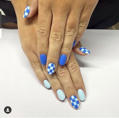 Fun Different Nails, Dip Nails Ideas 2023, Pink And Blue Checkered Nails, Light Blue Checkered Nails, Blue And White Checkered Nails, Blue Retro Nails, Checkered Nails Blue, Checker Print Nails, Blue Checkered Nails