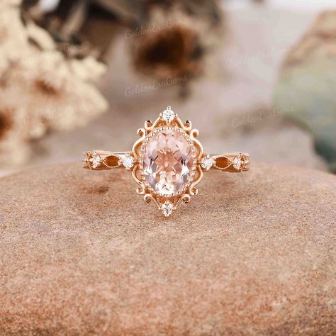 Unique Morganite Engagement Ring Oval Shape Morganite Ring Vintage Milgrain Engagement Ring Promise Ring Bridal Rose Gold Anniversary gift Fancy Engagement Rings Unique, Engagement Ring Photoshoot, Ring Photoshoot, Fancy Engagement Rings, Morganite Engagement Ring Oval, Peach Vintage, Milgrain Engagement Ring, Pretty Engagement Rings, Engagement Rings Unique