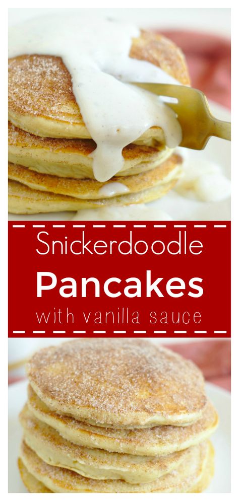 Snickerdoodle Pancakes – All of your favorite snickerdoodle cookies flavors in a simple pancake recipe! Cinnamon vanilla pancakes topped with cinnamon sugar and a homemade vanilla sauce! This is the best pancake recipe for snickerdoodle fans! #ad #BrunchWeek #pancakes #snickerdoodle #breakfast #vanilla @dixiecrystals Pancake Recipe Cinnamon, Simple Pancake Recipe, Cookies Flavors, Simple Pancake, Vanilla Pancakes, Yummy Pancake Recipe, Best Pancake Recipe, Vanilla Sauce, Pancake Recipe Easy