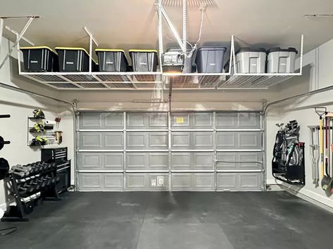 13 Garage Storage Ideas For A Neat And Tidy Space Garage Ideas Design Interior, Ball Storage Garage, Garage Redo, Storage Ideas For Garage, Garage Storage Plans, Garage Build, Garage Ceiling Storage, Garage Transformation, Garage Solutions