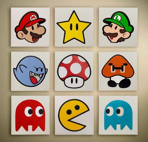 Game Room Decorations - Foter Mario Room, Art Mini Toile, Dyi Art, Painted Fan, Cute Canvas Paintings, Canvas Painting Designs, Cute Canvas, Small Canvas Art, Video Game Room