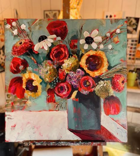 Flowers Oil Paint, Colorful Art Inspiration, Red Painting Ideas, Colorful Painting Ideas, Art Inspo Painting, Red Flowers Painting, Bold Paintings, Flower Vase Painting, Erin Gregory