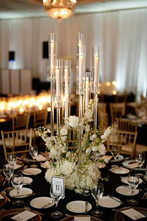 Wedding Table Set Up With Candles, Candle Chimney Wedding, Modern Centerpiece Ideas, Rustic Meets Elegant Wedding, Stem Candles Wedding, Candles Aesthetic For Wedding, Candles As Centerpieces Wedding, Candle Labra Centerpieces Wedding, Flowers With Candles Centerpieces