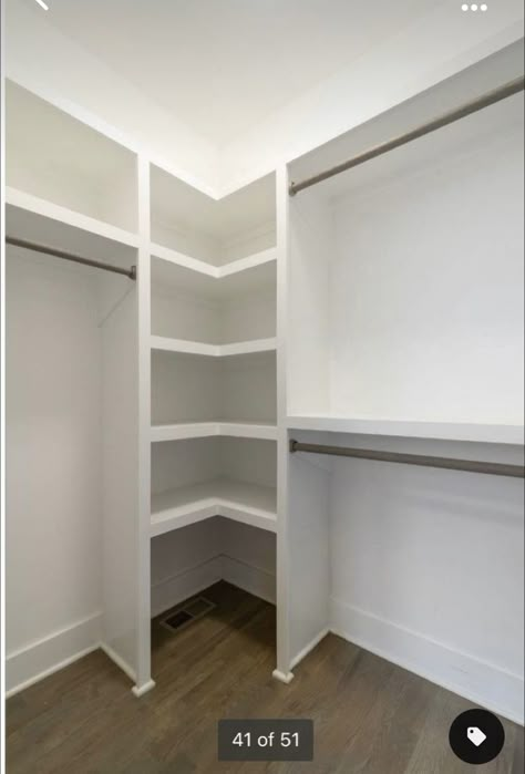 Small Long Walk In Closet, Closet Room Built Ins, Corner Master Closet, Small Closet Layout Walk In, Walk In Closet Corners, 9 Ft Closet Ideas, Built In Closet Small Space, Corner Closet Shelving Ideas, L Shape Small Closet