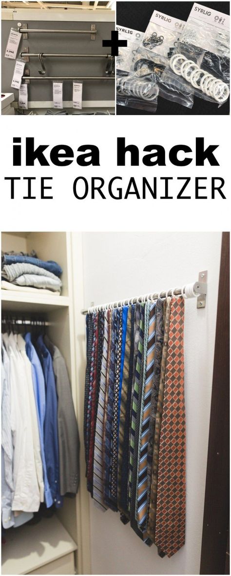 IKEA HACK: Use IKEA's Grundtal bar and Syrlig rings to make an easy sturdy space-saving tie organizer on a small wall area in your closet! #ikea #hack #ikeahack #organize #closetorganization #sixcleversisters #closet #closet #organization Ikea Organizer, Small Closet Organization Diy, Ikea Organisation, Ikea Closet Hack, Home Organization Wall, Ikea Closet Organizer, Small Closet Organization Bedroom, Tie Organizer, How To Store Ties