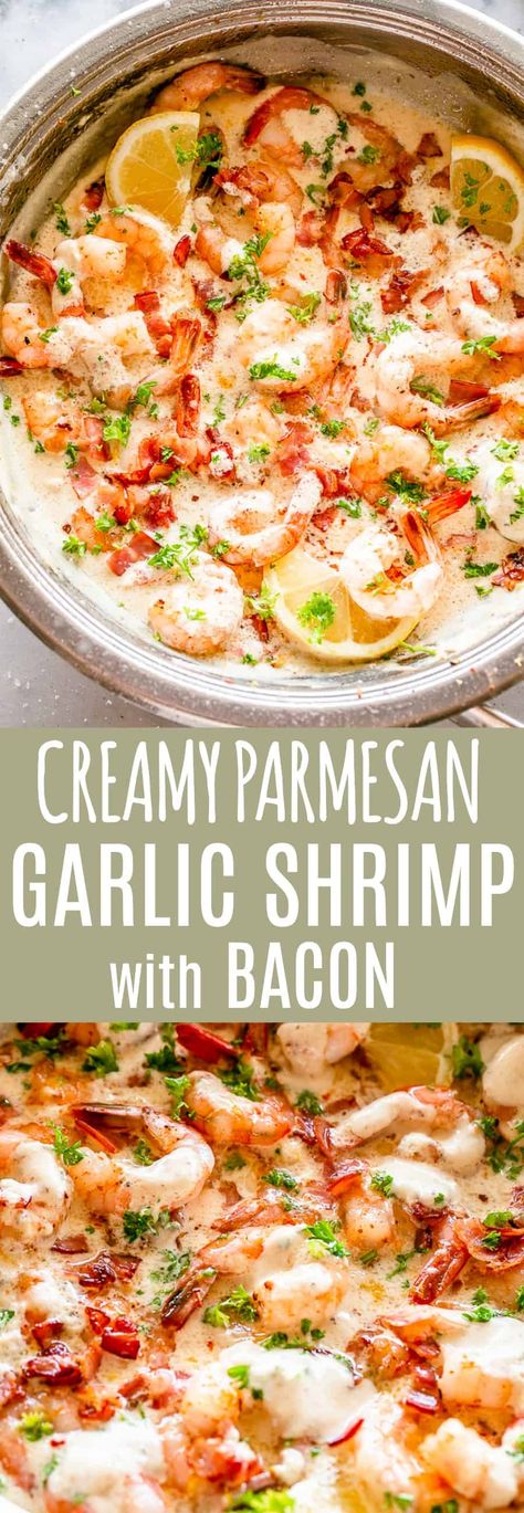 Easy Garlic Shrimp with Bacon in Creamy Parmesan Sauce - Garlicky, juicy shrimp and crispy bacon smothered in a creamy parmesan sauce! Create this restaurant quality dish in the comfort of your own home, asap. #ketodinnerrecipes #shrimprecipes #lowcarb Shrimp With Bacon Recipes, Shrimp And Garlic Sauce, Shrimp Scampi Cream Sauce, Shrimp Bacon Linguine Recipe, Parmesan Bacon Shrimp Scampi, Shrimp In Garlic Cream Sauce, Creamy Shrimp Sauce For Steak, Shrimp Bacon Alfredo Pasta, Shrimp With Cream Sauce Recipes