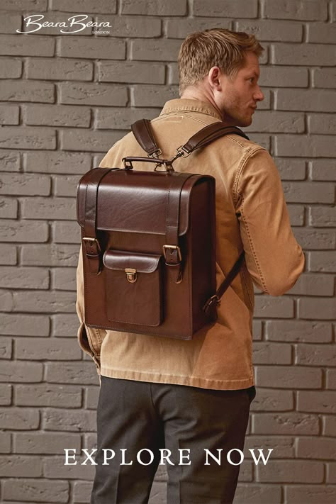 This is an large, durable and spacious brown leather backpack. Flynn has a classic, old-school design with contemporary functionality. It closes with two front buckles with strong clips underneath, which allows you to enjoy the classic design while having easy access to the contents. Flynn is versatile, it has optional shoulder straps so it can be carried as a backpack or by the top handle. Vintage Leather Backpack For Men, Vintage Backpack With Leather Handles, Vintage Brown Leather Backpack With Leather Handles, Luxury Brown Backpack-style Briefcase, Bagpack Men, Brown Leather-handled Laptop Backpack, Mens Leather Satchel, Bag Packs, Mens Leather Backpack Under 200.00