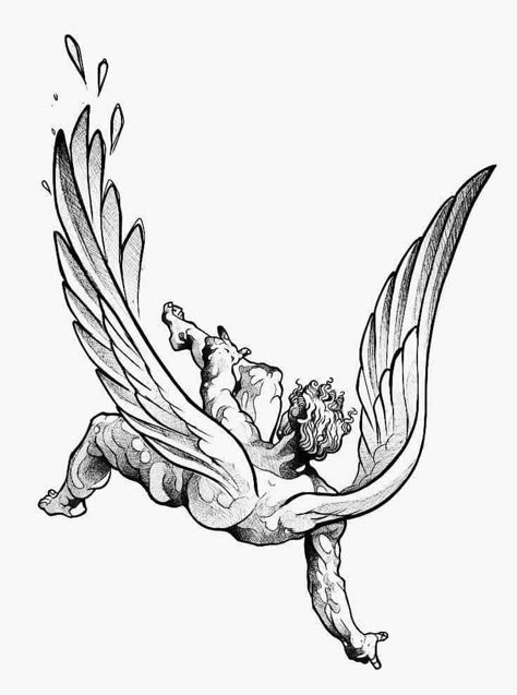 Icarus Tattoo Drawing, Creation Of Man Tattoo Design, Greek Mythology Tattoos Icarus, Greek Simple Tattoo, Super Detailed Tattoos, Falling Angles Tattoos, Carravagio Tattoo, Icarus Tattoo Stencil, Fallen Icarus Tattoo