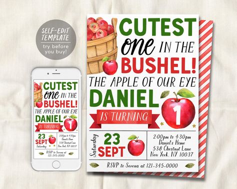 Fall Apple First Birthday Invitation Editable Template, Kids Unisex Cutest One In The Bushel 1st Party Invite, Autumn Theme Red Apple Evite Apple Theme 1st Birthday, Apple First Birthday Girl, Apple Of My Eye First Birthday Party, Apple Orchard Birthday Party Invitations, Fall First Birthday Invitations, Kids Birthday Party Invitations, Fall Apples, First Birthday Invitations, Editable Template