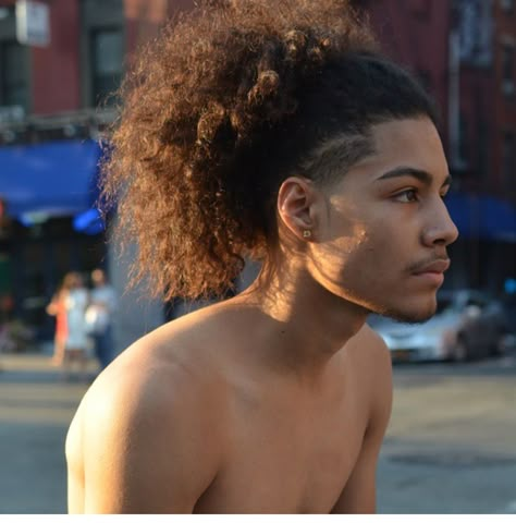 Mixed Hair Men Haircut, Side Taper Long Hair Men, Curly Hair Ponytail Men, Black Men Hairstyles Long, Undercut Curly Hair, Afro Ponytail, Natural Hair Men, Mixed Guys, Curly Hair Fade