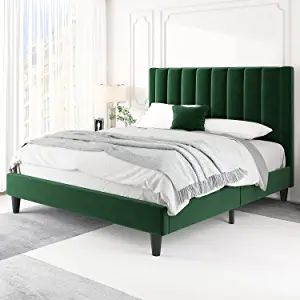 Amazon.com: Hoomic Full Size Platform Bed Frame with Velvet Upholstered Plush Vertical Channel Headboard, No Box Spring Needed, Easy Assembly, Green : Home & Kitchen Olive Green Headboard, Covered Headboard, Spring Installation, Bed Frame Modern, Headboard Velvet, Green Headboard, Fabric Upholstered Bed, Velvet Bed Frame, Mattress Bed