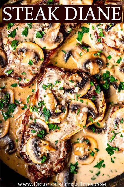 Steak Diane is a classic recipe made with tender sautéed beef and a creamy mushroom sauce. While this dish has a reputation of being more fancy, it's easy enough to make even on busy weeknights. This recipe is naturally gluten free and very low in carbohydrates making it easily adaptable to suit many different diets. | #steakdiane #steak #beef #steakdinner #onepanmeal Stake Diane Recipe, Prime Sirloin Steak Recipes, Different Ways To Make Steak, Boneless Top Sirloin Steak Recipes, Mushroom And Steak Recipes, Sliced Steak Recipes Dinners, Fillet Steak Dinner Ideas, Sliced Ribeye Steak Recipes, Beef Loin Top Sirloin Steak Recipes