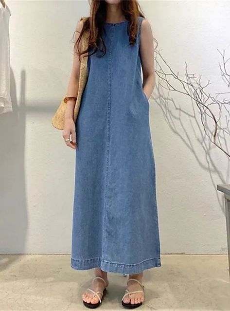 Loose Denim Dress, Vintage Long Dress, Summer Dress Women, Denim Maxi Dress, Sleeveless Skirt, Blue Summer Dresses, Streetwear Clothes, Denim Patterns, Sleeveless Long Dress