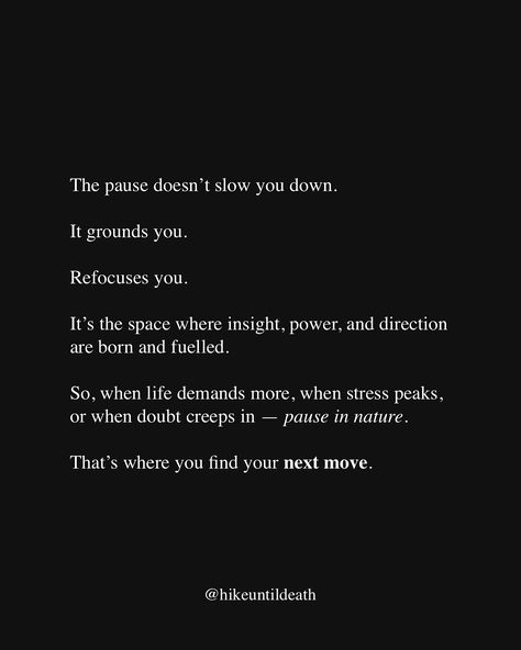 Ever feel like life is moving too fast for you to catch up? That’s the signal to stop, breathe, and reset. The pause isn’t about losing momentum. It’s about reclaiming control. It’s where the best ideas, calmest decisions, and clearest paths are born. Hustle will always be demanded of you. But your peace? That’s on you to protect. Take a moment. Pause. Then move forward with purpose. 🏷️ #nature #hiking #walking #getoutside #getoutdoors Moving Too Fast, The Pause, Nature Hiking, Get Outdoors, Move Forward, Get Outside, Best Ideas, Moving Forward, Life Is