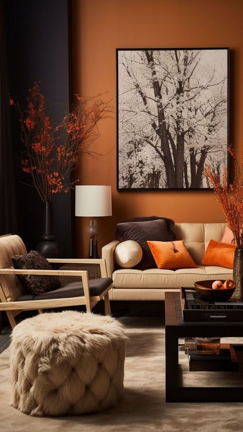 Black Cream And Burnt Orange Living Room, Black And Burnt Orange Living Room, Black And Orange Living Room Ideas, Orange And Gray Living Room, Orange And Brown Living Room, Blue And Orange Living Room, Burnt Orange Living Room, Black Living Room Decor, Wooden Living Room