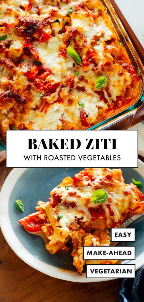 This baked ziti recipe is EPIC! It's easier to make than lasagna, tastes amazing, and it's lightened up with roasted vegetables. Golden mozzarella, sizzling red sauce and tender pasta make this vegetarian ziti super delicious! #bakedziti #italianrecipe #vegetarianziti #familydinner #cookieandkate Vegetarian Ziti, Ziti Recipe, Marinara Recipe, Ziti Recipes, Baked Ziti Recipe, Vegetarian Lasagna, Marinara Sauce Homemade, Easy Veggie, Homemade Marinara