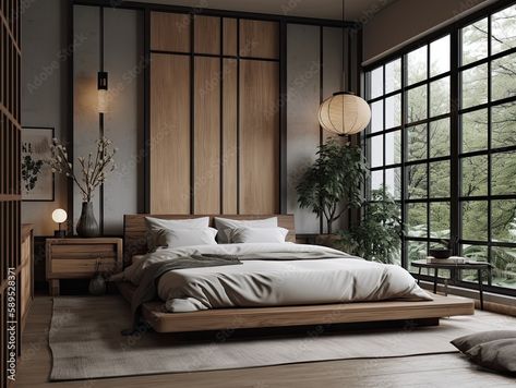 Tropical Interior Design Bedroom, Minimalist Japandi Bedroom, Modern Tropical House Interior, Wabi Sabi Interior Bedrooms, Modern Tropical Bedroom, Minimalist Japanese Bedroom, Traditional Japanese Bedroom, Modern Japanese Bedroom, Japandi Style Bedroom