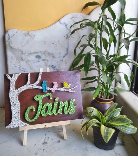 Innovative Name plates Size - 8" × 12"  Wall frame & Home decor.  Customize your own string art. Get stringed 🔨📍 Dm for more details 📲… String Art Name Plate, J Name, String Art Names, Creative Tote Bag, J Names, Name Plates For Home, Frame Home Decor, Plate Ideas, House Names