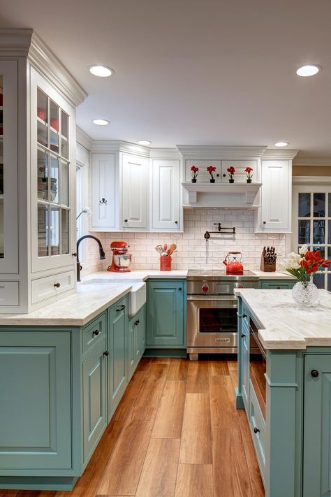 Bluish Green Cabinets Kitchen, Aqua Green Kitchen Cabinets, Multi Colored Kitchen Cabinets Ideas, Two Tone Teal Kitchen Cabinets, Blue Or Green Kitchen Cabinets, Kitchen With Multiple Color Cabinets, Sea Foam Blue Kitchen, Cute Kitchen Colors, Light Teal Cabinets Kitchen