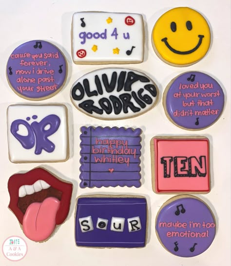 Olivia Rodrigo Crumbl Cookie, Olivia Rodrigo Cookies, Bday Cookies, Olivia Core, Homemade Cookbook, Birthday Cakes For Teens, 13th Birthday Parties, Teen Birthday, Birthday Treats