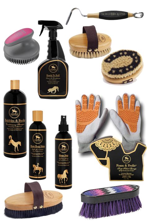 The sight of a clean, well-groomed horse makes me happy. Keeping a horse clean is easier said than done. You’ll need to enlist a few favorite products over and over again for their services. I thought I would share a few must haves to get you started. Of course, you might find you need a... Horse Grooming Kit, Horse Care Tips, Equestrian Helmet, Horse Equipment, Horse Gear, Horse Grooming, Horse Accessories, Equestrian Boots, Horse Supplies