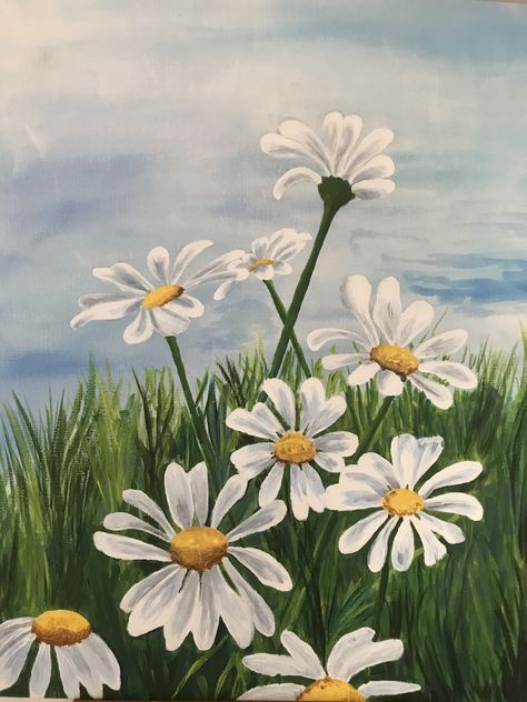 Art Paint Party, Teaching Class, Easy Landscape Paintings, Painting Flowers Tutorial, Daisy Art, Art Painting Tools, Beginner Art, Daisy Painting, Summer Painting