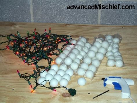 Picture of Gather Materials Lights Outside, Christmas Lights Outside, Christmas Light Installation, Ping Pong Balls, Christmas Light Bulbs, Globe Light, Outside Decorations, White Lights, Ball Lights