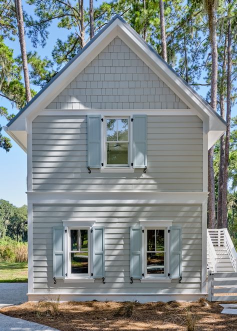 Benjamin Moore Exterior, Stonington Gray, Gray House Exterior, Beach House Tour, Island Beach House, Lake Houses Exterior, House Shutters, Blue Shutters, Beach House Exterior