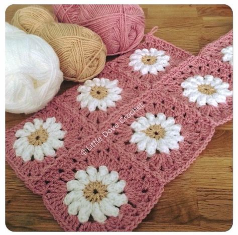 Daisy afghan squares, in shades of pink by Little Duck Crochet Pink Flower Granny Square, Pink Granny Square Blanket, Duck Granny Square, Pink Granny Square, Daisy Afghan, Duck Crochet, Afghan Squares, Yellow Blankets, Flower Granny Square