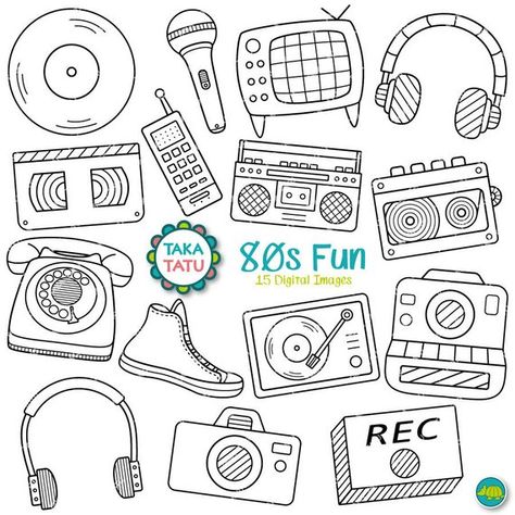 80s Fun Digital Stamp - 80s Party Clipart / Eighties Party / 80s Scrapbook / Radio / Camera / TV / H 80s Doodles, 80s Scrapbook, Eighties Party, Retro Clipart, Party Clipart, Clothes Pin Crafts, 80s Party, Bullet Journal Themes, Journal Themes