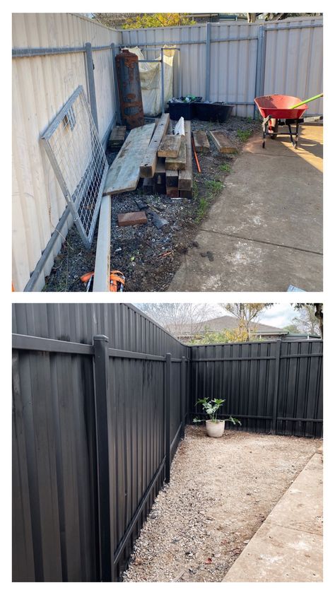 Farm Fence Gate, Galvanized Fence, Painted Fence, Corrugated Metal Fence, Driveway Fence, Law Practice, Diy Backyard Fence, Black Fence, Modern Fence Design