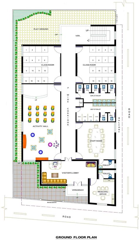 Commercial & Institutional design (School design), Click on this link (http://www.apnaghar.co.in/search-results.aspx?o=nd&x=1) to view free floor plans (naksha) and other specifications for this design. You may be asked to signup and login. Website: www.apnaghar.co.in, Toll-Free No.- 1800-102-9440, Email: support@apnaghar.co.in Play School Architecture, Playway School Interior, Play School Plan Architecture, Small School Floor Plan, Daycare Plans Layout, School Entry Design, School Floor Plan Architecture, Preschool Architecture Design, Elementary School Floor Plan