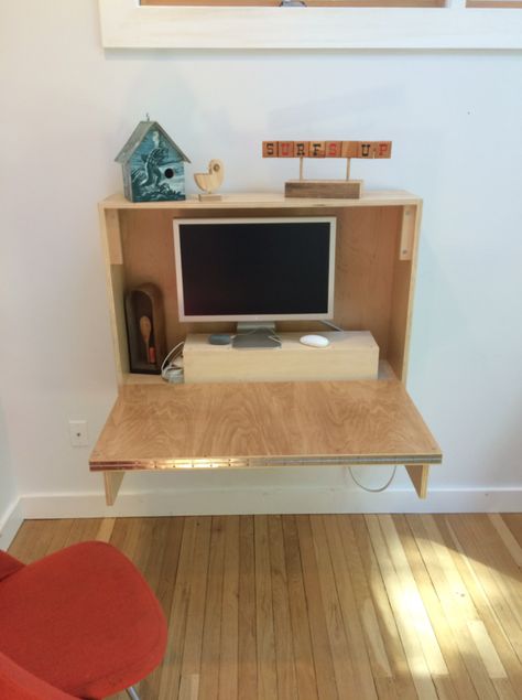 How to Build a Compact, Fold-Down Desk for Small Spaces by Allie Weiss - Dwell Small Bedroom Desk, Desk For Small Spaces, Fold Down Desk, Hanging Bedroom, Desks For Small Spaces, Folding Walls, Wall Mounted Desk, Small Bedroom Designs, Small Space Design