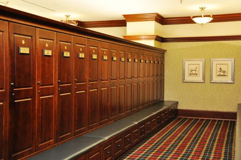 Designing Locker Rooms With Style - Club & Resort Business Locker Room Design, Locker Room Decorations, Wood Lockers, Wooden Lockers, Hot Tub Room, Locker Designs, Mud Room Entry, Santa Helena, Bathroom Wall Decor Art