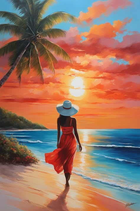 Sunset Over The Ocean, Watercolor Scenery, Beach Art Painting, Acrylic Painting Inspiration, Afrique Art, The Carribean, African Art Paintings, Red Sunset, Landscape Art Painting